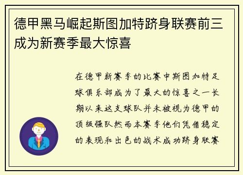 德甲黑马崛起斯图加特跻身联赛前三成为新赛季最大惊喜